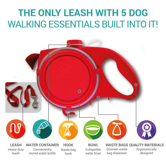 Multi Function Dog Leash With Water Bottle, Bowl & Waste Bag Dispenser